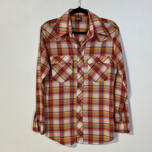Double Decker Western Snap Up Shirt Men’s Medium Red Yellow Plaid Cowboy